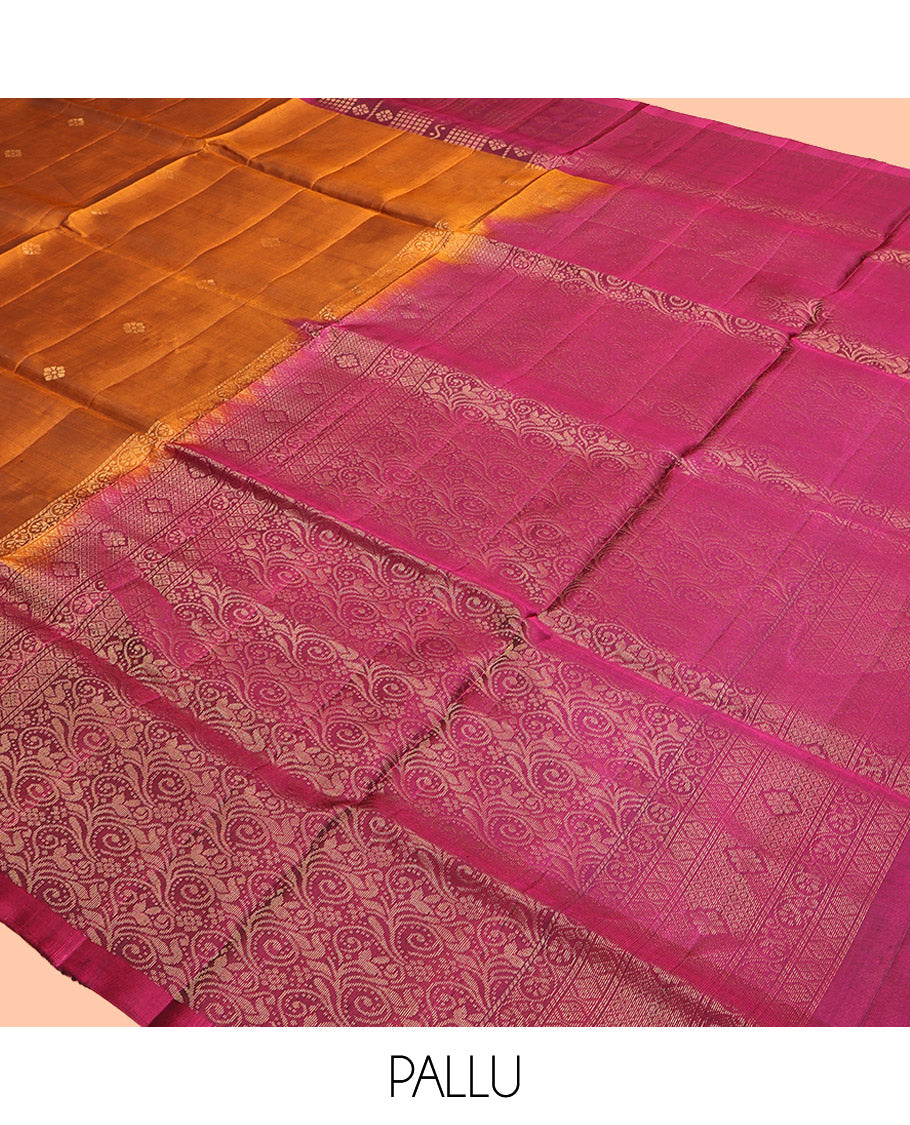 Orange Mayuri Lite Silk Mix Saree, Subtly Sparkled with Zari Buttas, Contrast Floral-Geometric Border, Pallu of Intricate Designs, and a Contrast Blouse