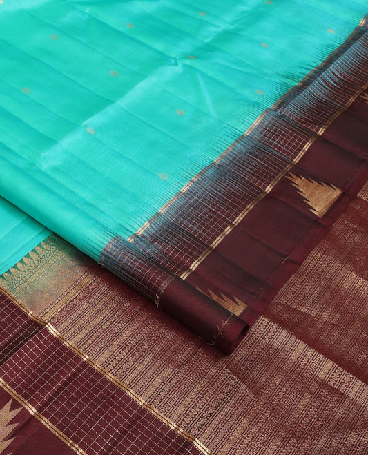 Blue zari buttas soft silk saree, contrast zari checked border of thazampoo rekku design & pallu of geometric design