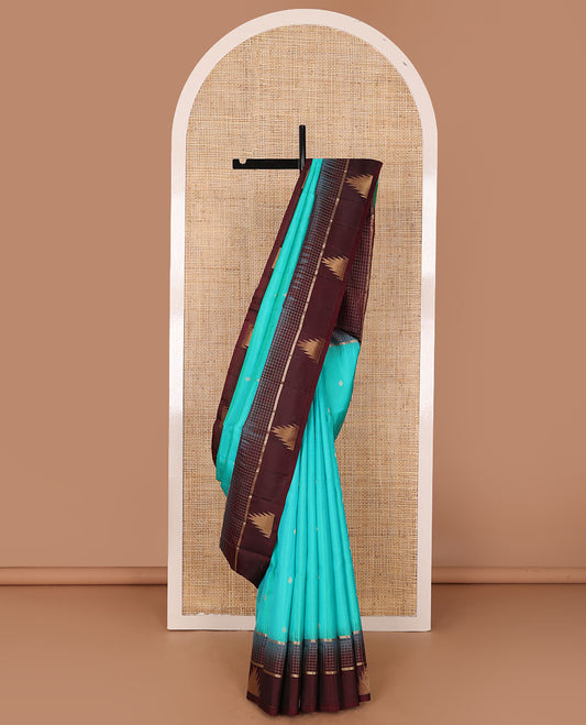 Blue zari buttas soft silk saree, contrast zari checked border of thazampoo rekku design & pallu of geometric design