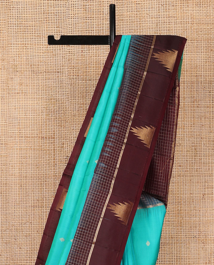 Blue zari buttas soft silk saree, contrast zari checked border of thazampoo rekku design & pallu of geometric design