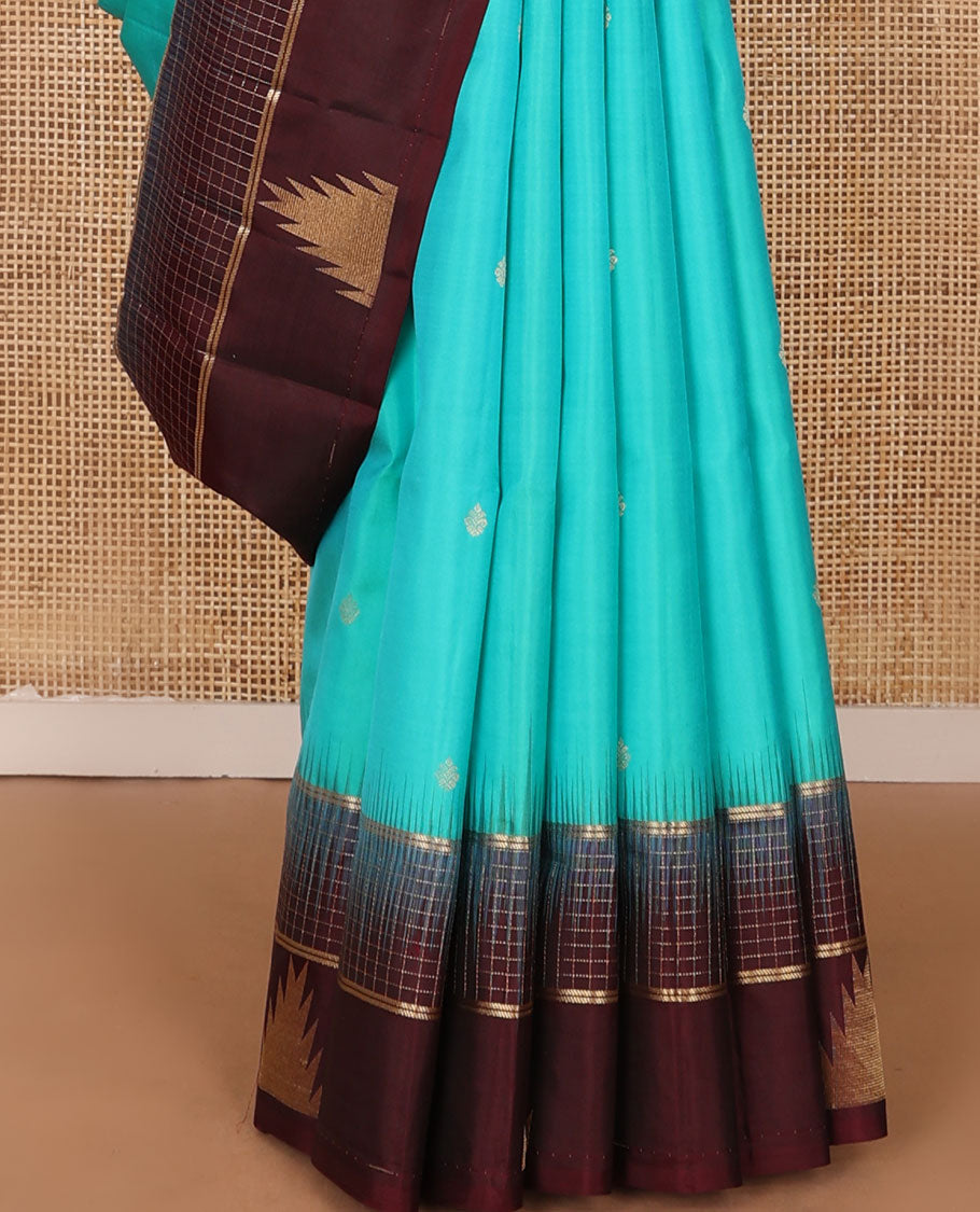 Blue zari buttas soft silk saree, contrast zari checked border of thazampoo rekku design & pallu of geometric design