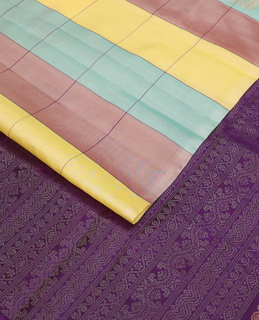 Borderless multi-color checked and zari buttas soft silk saree, contrast pallu steeped with floral designs