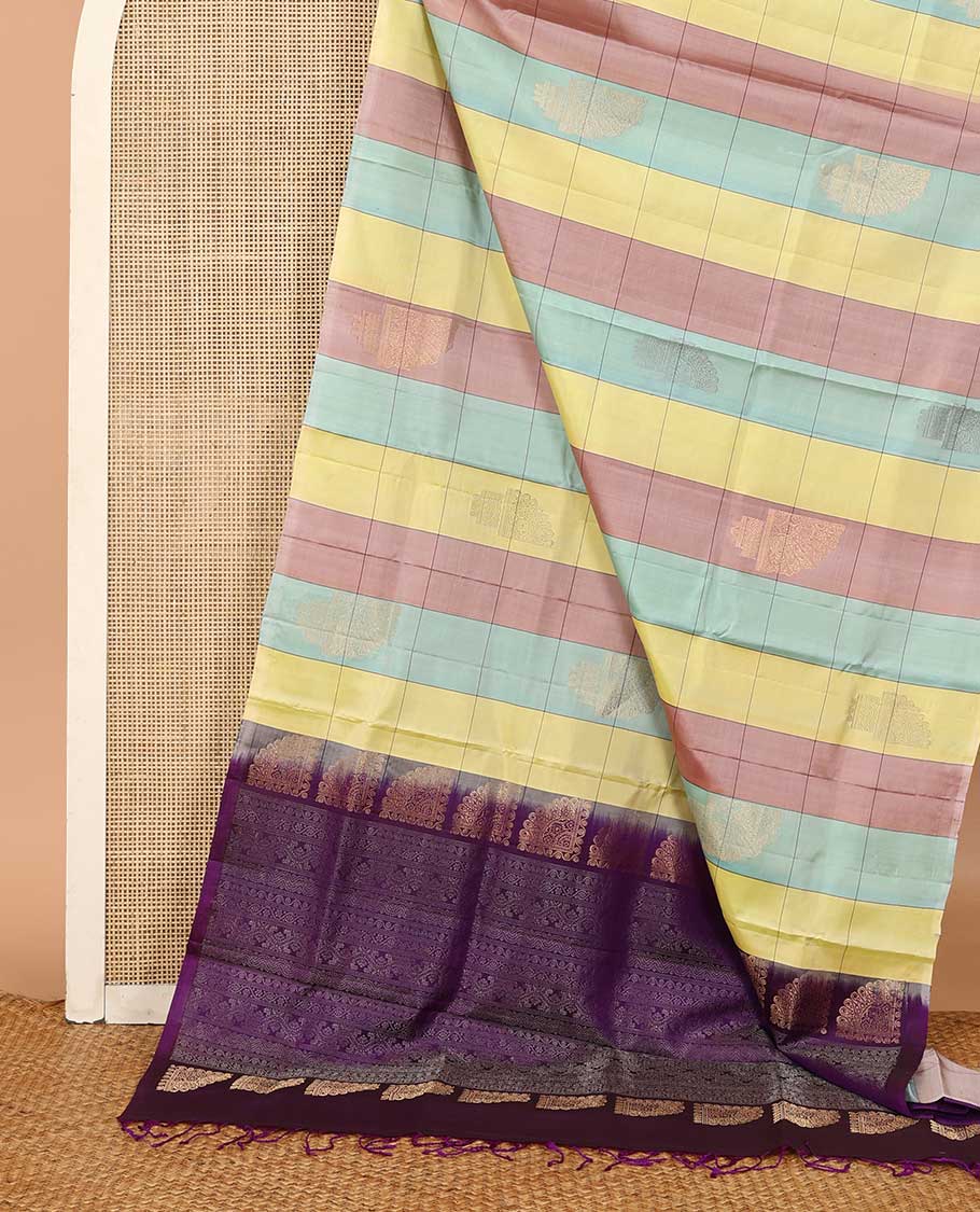 Borderless multi-color checked and zari buttas soft silk saree, contrast pallu steeped with floral designs