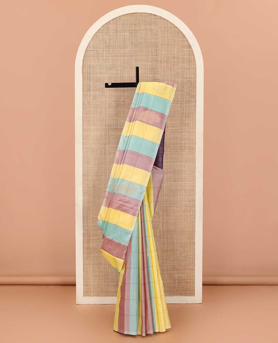 Borderless multi-color checked and zari buttas soft silk saree, contrast pallu steeped with floral designs