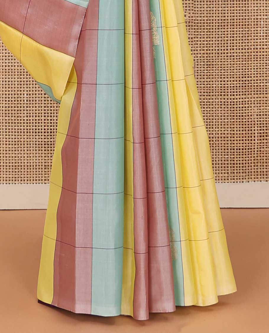 Borderless multi-color checked and zari buttas soft silk saree, contrast pallu steeped with floral designs
