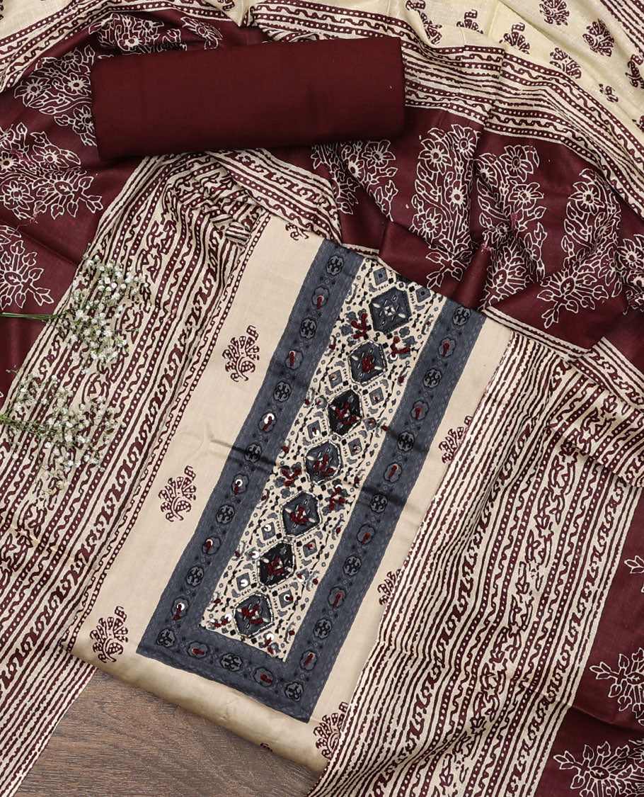 Cream and maroon material chudidar set, block printed with neck work top, contrast plain bottom, and intricately block printed dupatta