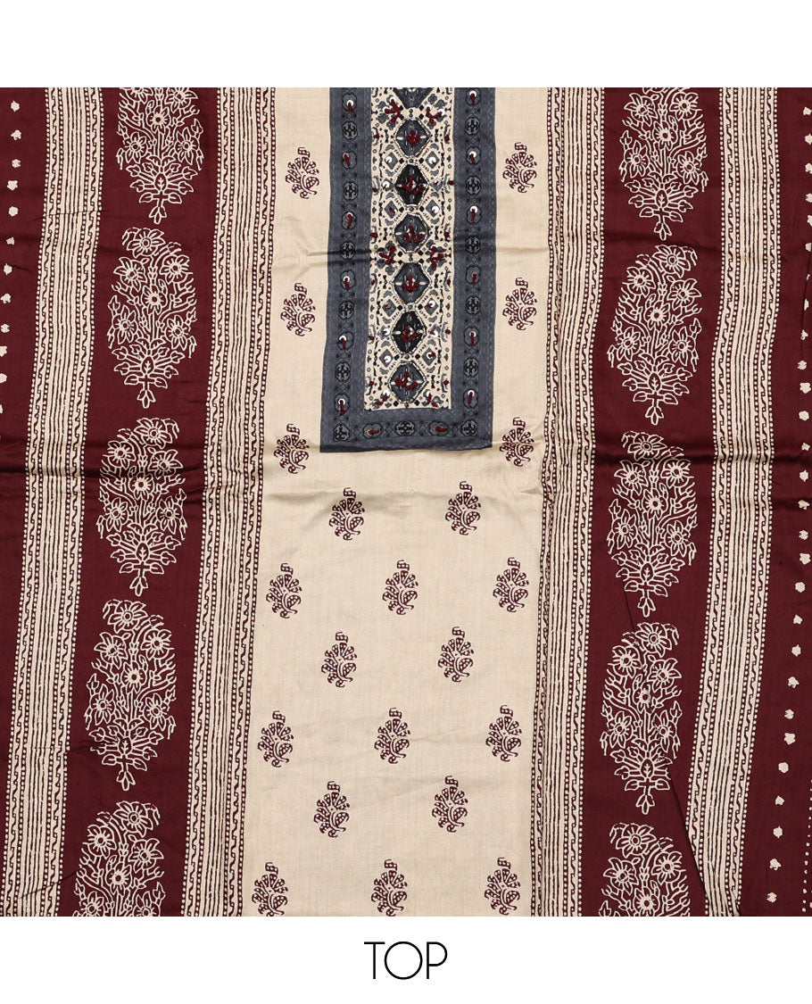 Cream and maroon material chudidar set, block printed with neck work top, contrast plain bottom, and intricately block printed dupatta