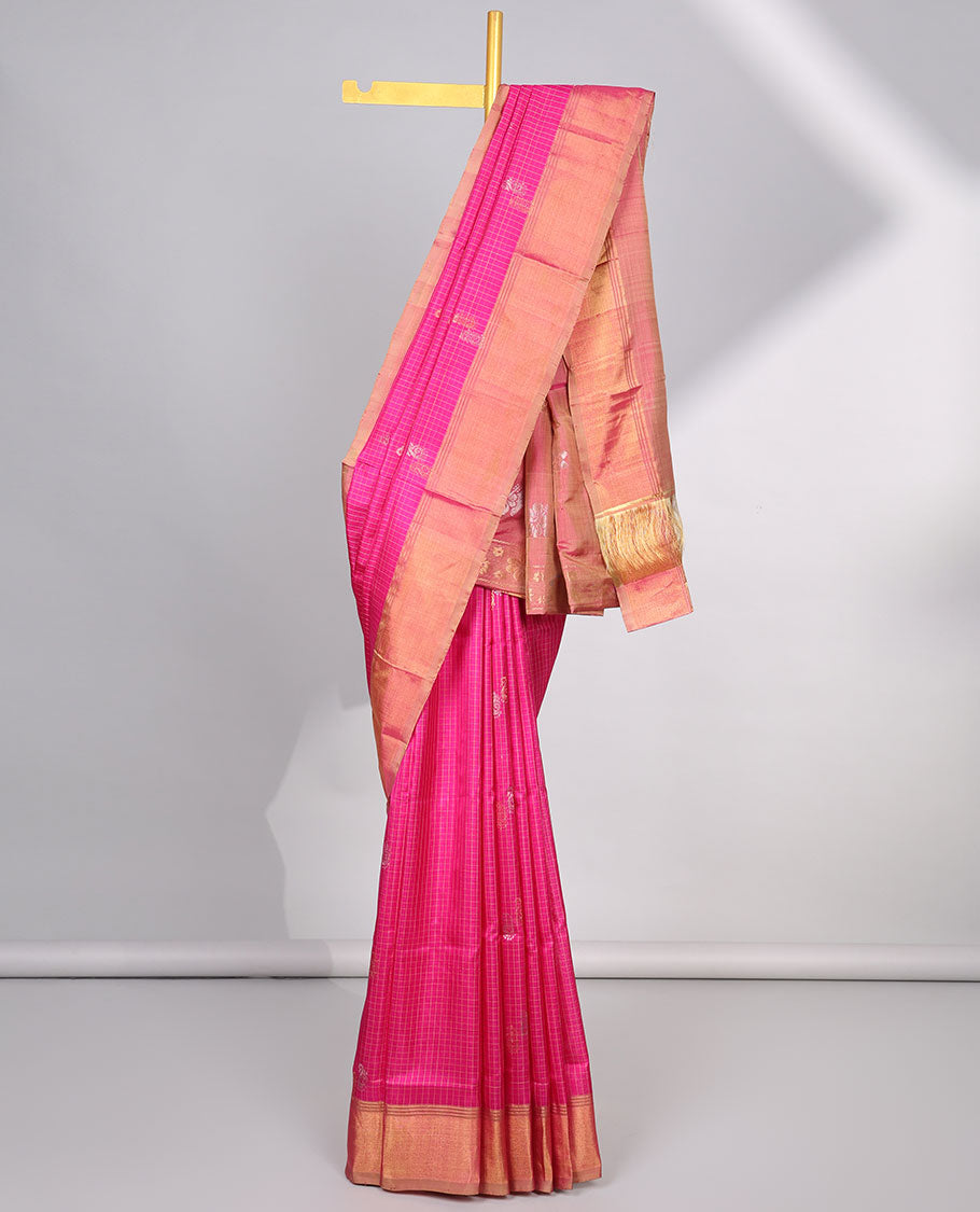 Pink checked , paisley design uppada silk saree with contrast zari border & floral buttas pallu