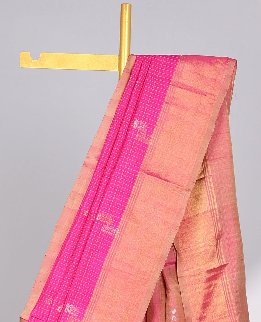 Pink checked , paisley design uppada silk saree with contrast zari border & floral buttas pallu