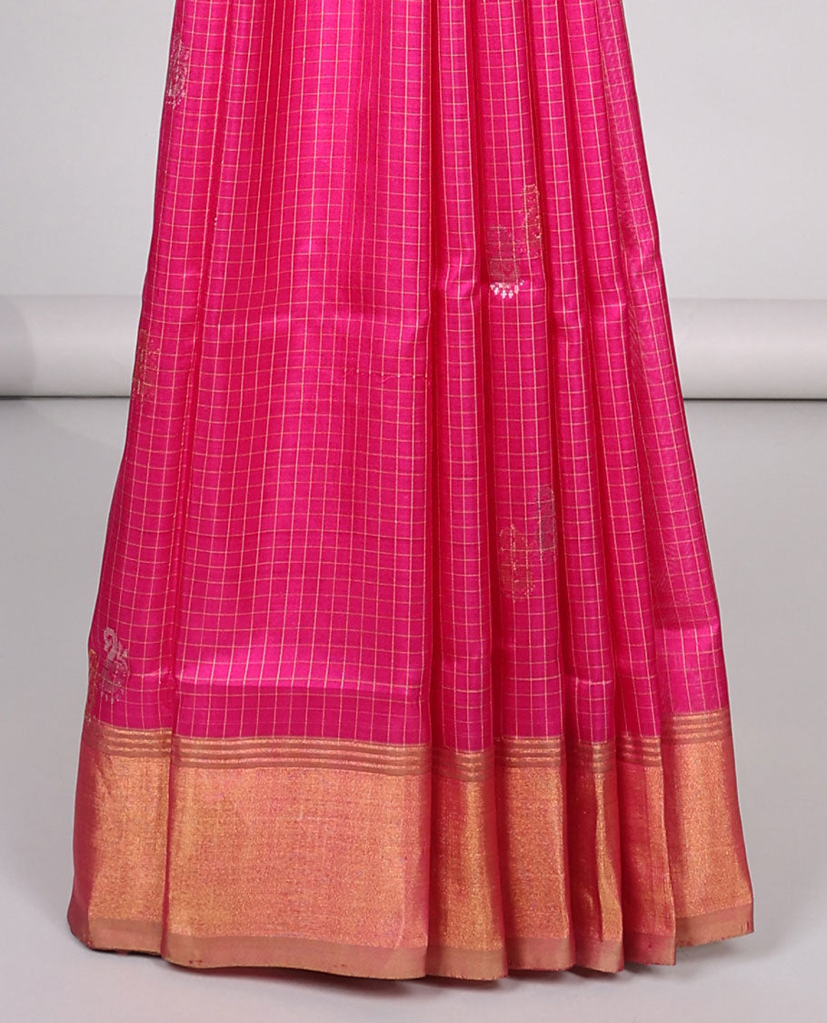 Pink checked , paisley design uppada silk saree with contrast zari border & floral buttas pallu