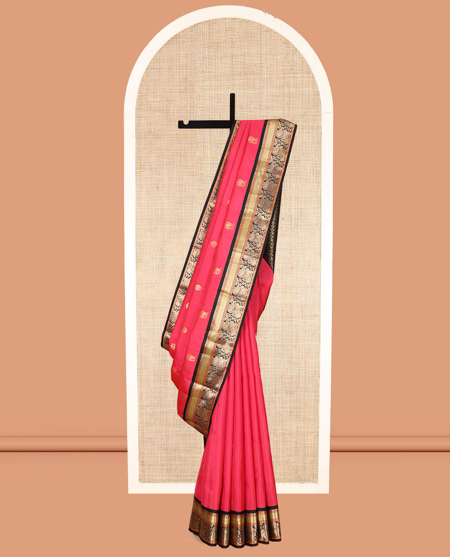 Red Vasundhara Lite Silk Mix Saree, Beautified with Yaali and Chakram Buttas, a Contrast Korvai Border of Mayil Kann and Yaali Designs, Grand Pallu, and a Contrast Blouse