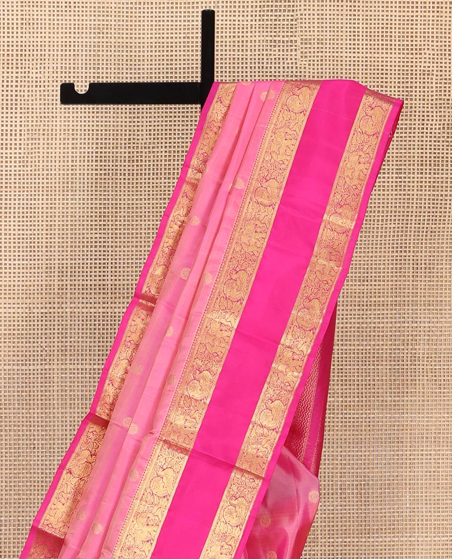 Pink Vasundhara Silk Saree, Subtly Enriched with Zari Buttas All Over Its Body, Complemented by a Contrast Rettai Pettu Border of Kodi Visiry Designs, Grand Geometric Design Pallu, and Paired with a Contrast Blouse