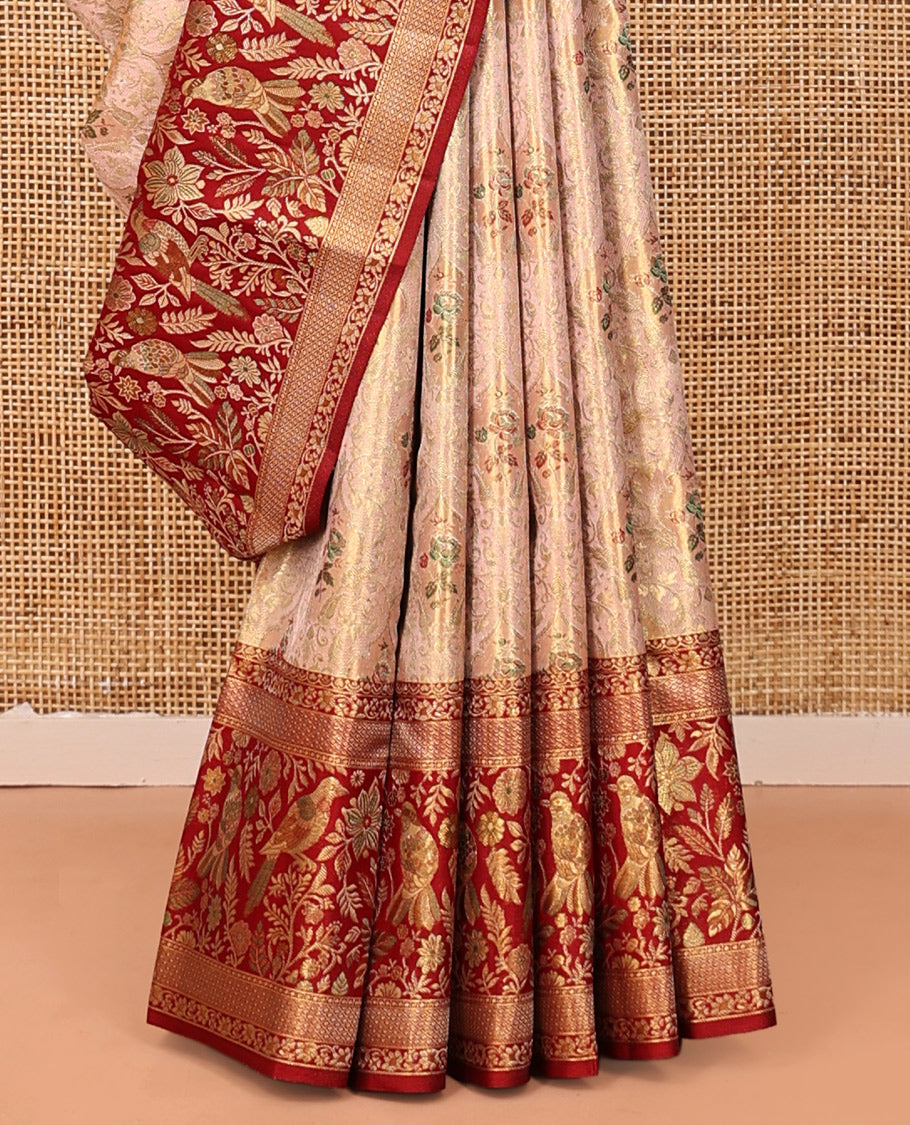 Peach Floral Jacquard Kanchipuram Tissue Silk Saree, Complemented by a Contrast Floral-Bird Meenakari Border, Grand Pallu, and Contrast Blouse