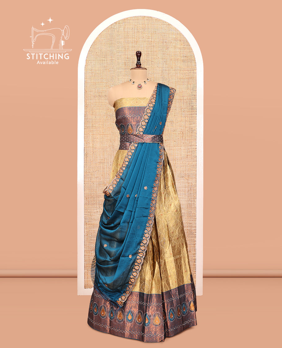 Gold-Blue Banarasi Half-Saree, Bedecked with Butta Enclosed Ogee Design, a Contrast Traditional Zari Stone Work Border, a Matching Blouse, and a Contrast Embroidered Dhavani