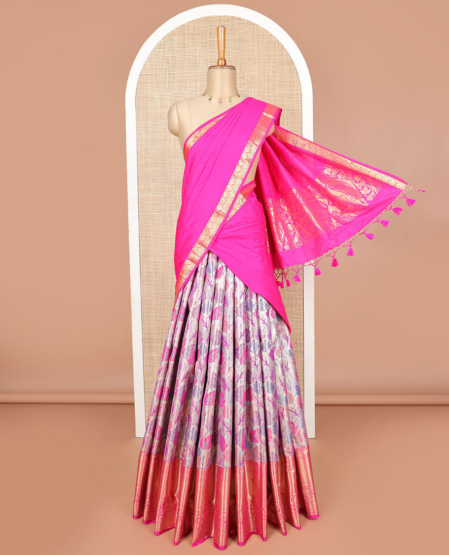 Pink leaf design art sillk saree with contrast border of intricate zari designs, zari design blouse & floral design dhavani
