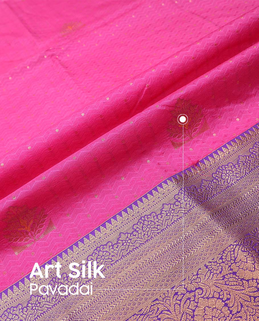 Pink art silk pavadai material, zari design with embossed contrast traditional zari border skirt, and contrast blouse