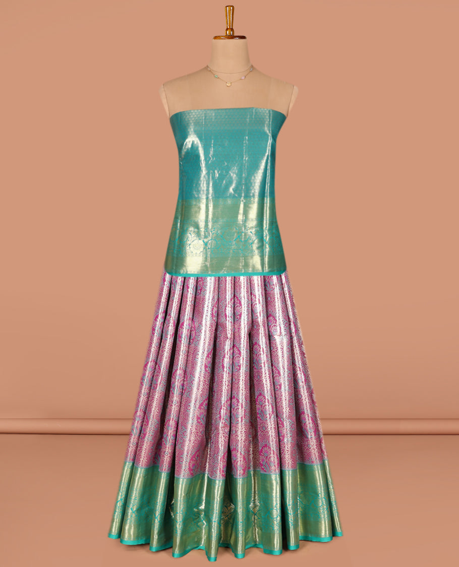 Purple Art Silk Pavadai Material Set, Beautified with Mughal-Style Jacquard Design on Its Skirt, Complemented by a Contrast Traditional Zari Designs Woven Border, and Paired with a Contrast Jacquard Blouse