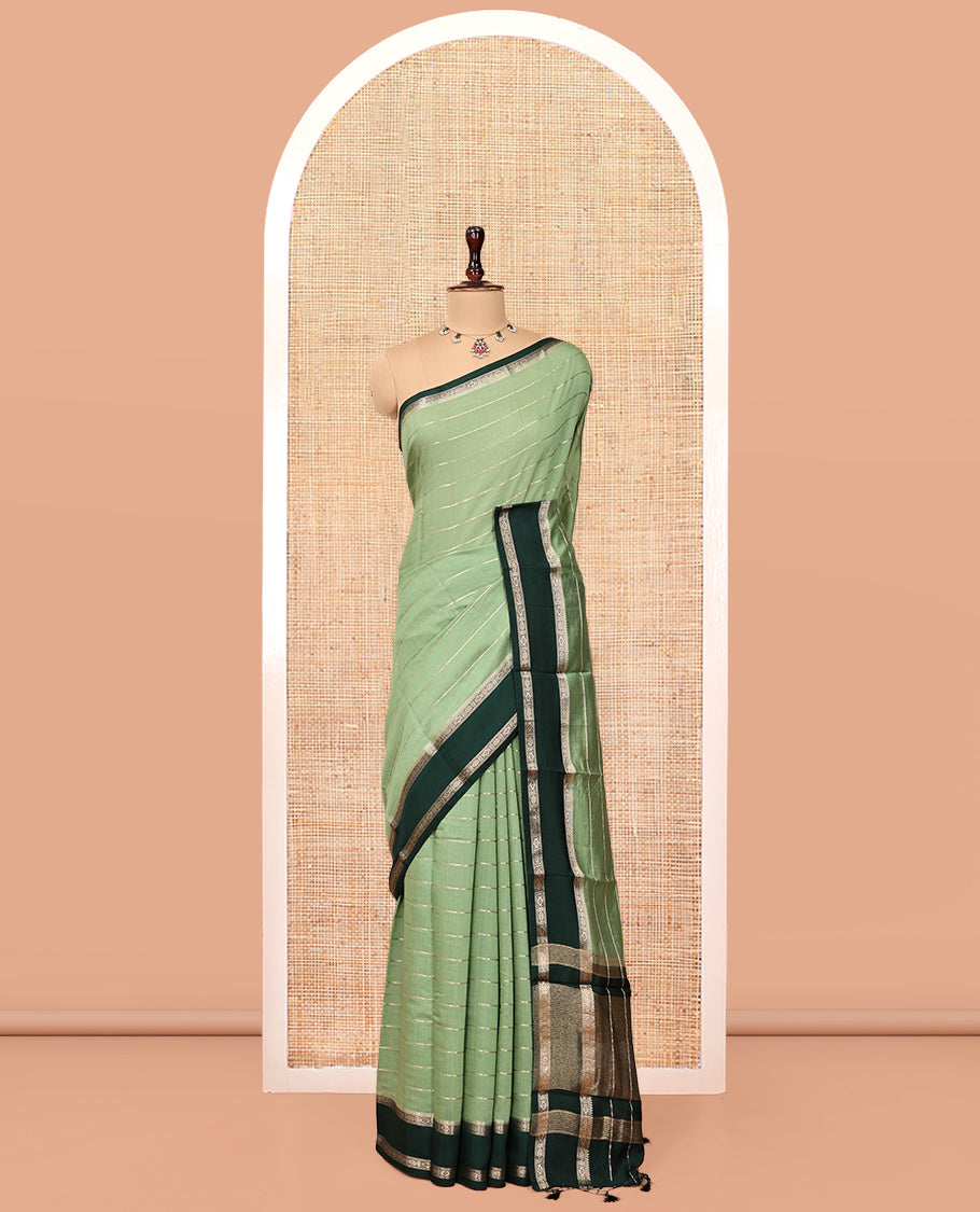Green Assam Silk Saree, Elegantly Framed with Zari Stripes, Complemented by Contrast Traditional Zari Border, Striped Pallu, and a Contrast Blouse