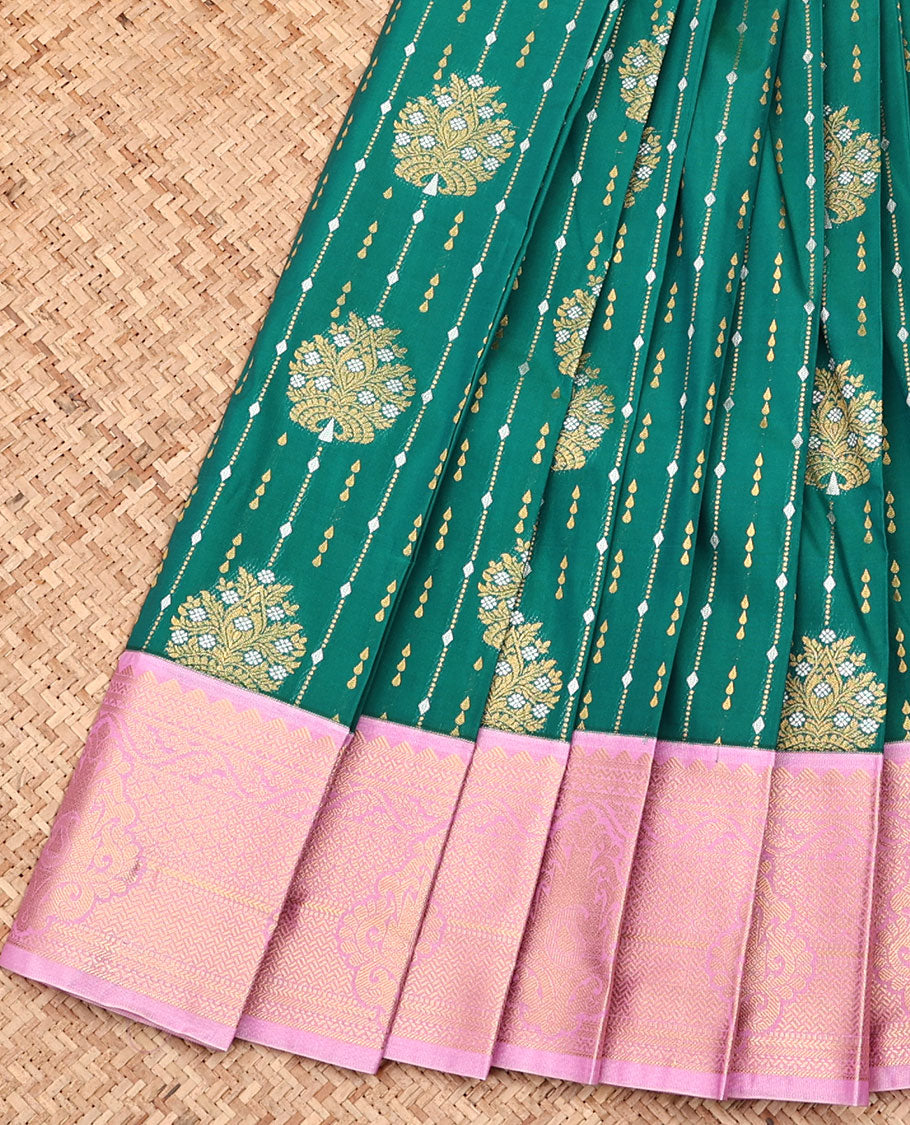Green Budget Silk Saree, Ornamented with Zari Designs All Over Its Body, Complemented by a Contrast Traditional Zari Design Border, Grand Pallu, and Paired with a Contrast Blouse