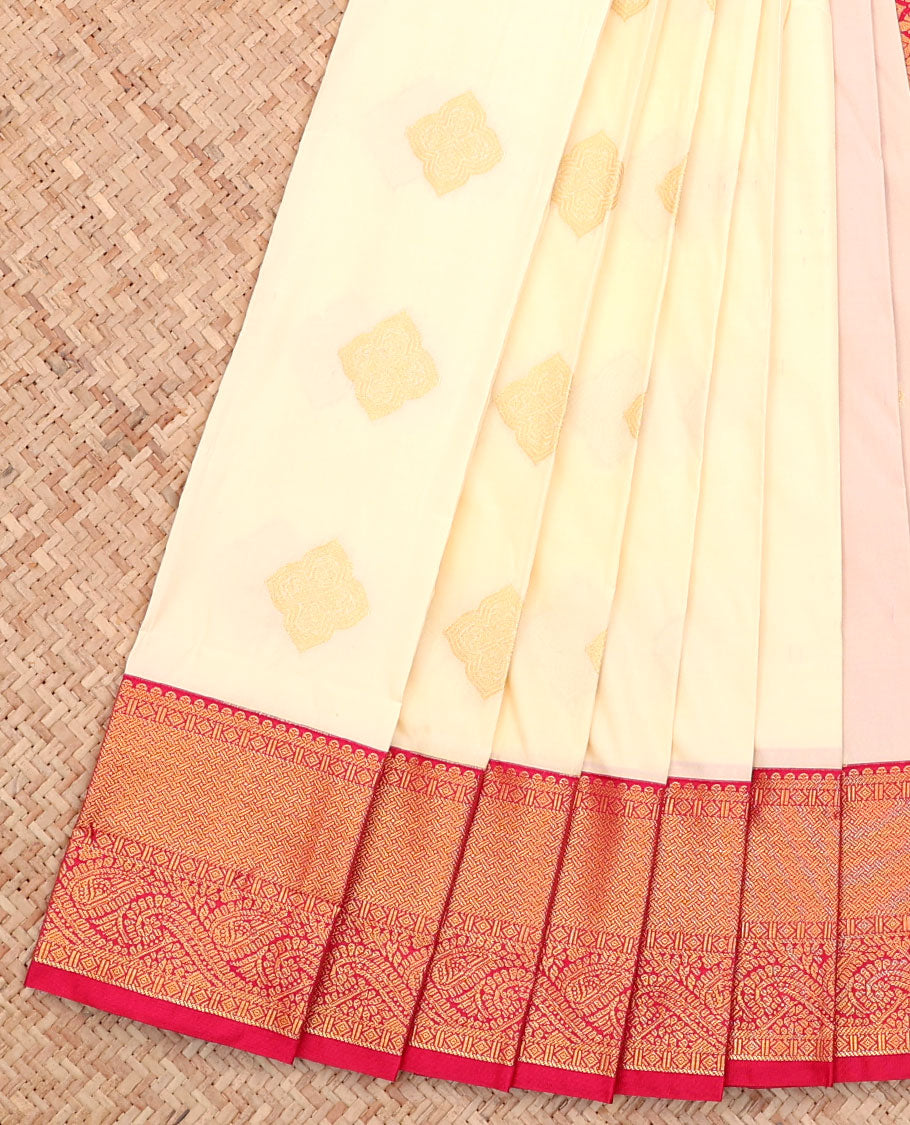 Cream Budget Silk Saree, Enthralled with Zari Buttas All Over Its Body, Complemented by a Contrast Traditional Zari Design Border, Grand Pallu, and Paired with a Contrast Blouse