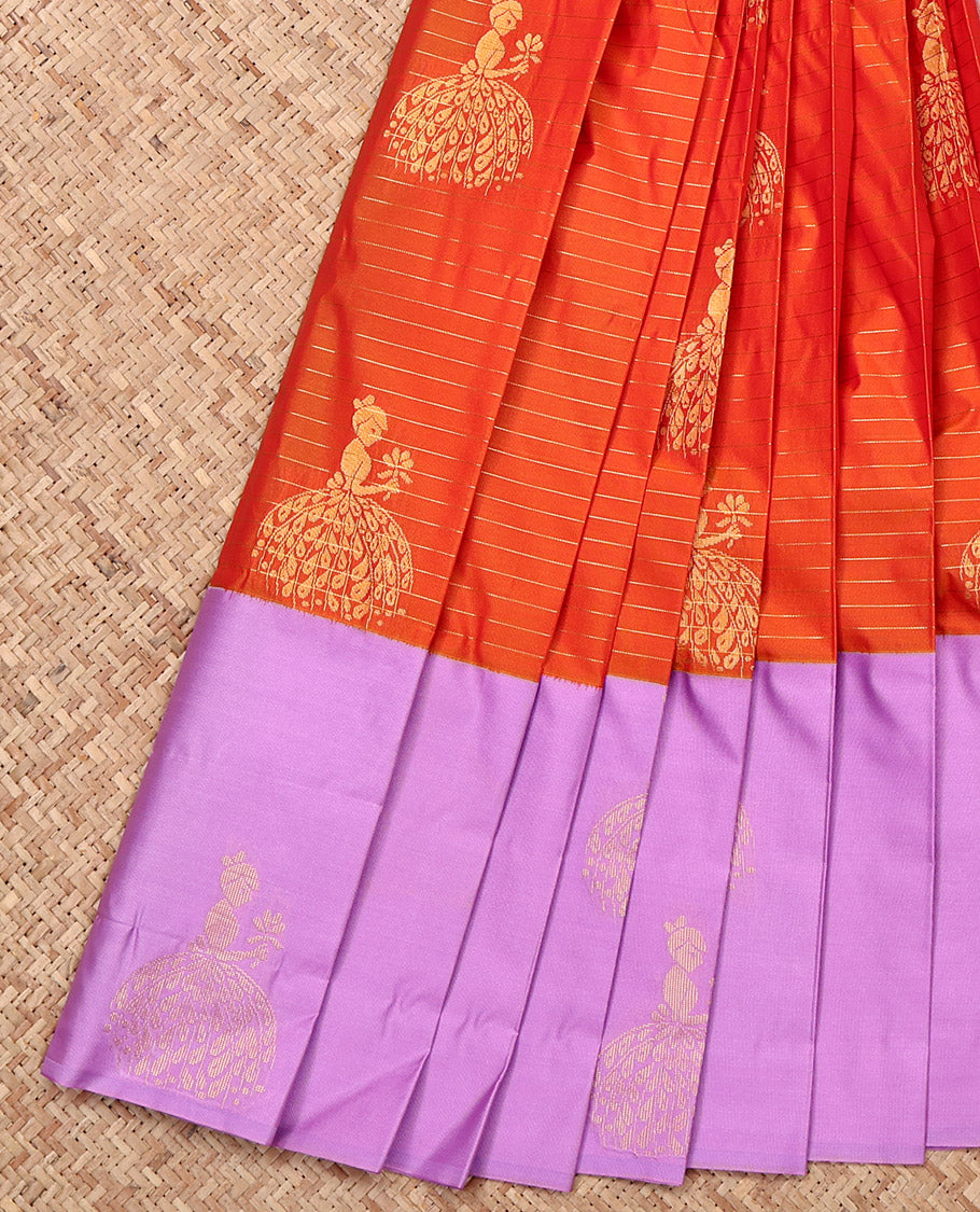 Orange Budget Silk Saree, Subtly Sparkled with Zari Buttas and Stripes, Complemented by a Contrast Girl Figurine Zari Border, Grand Pallu, and a Contrast Blouse
