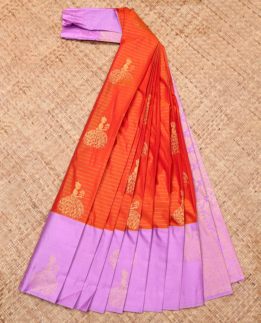 Orange Budget Silk Saree, Subtly Sparkled with Zari Buttas and Stripes, Complemented by a Contrast Girl Figurine Zari Border, Grand Pallu, and a Contrast Blouse