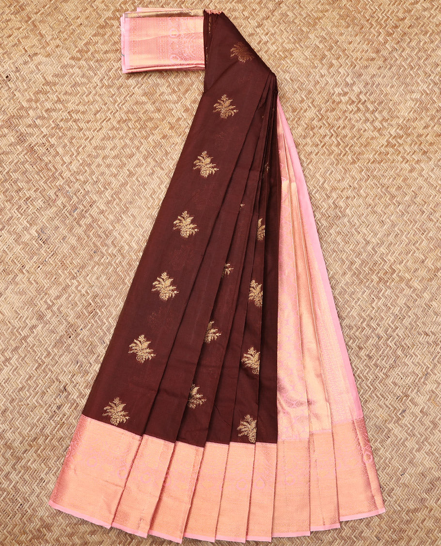 Brown Budget Silk Saree, Ornamented with Zari Buttas, Complemented by a Contrast Traditional Zari Border, Grand Pallu, and a Contrast Blouse