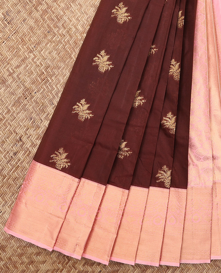 Brown Budget Silk Saree, Ornamented with Zari Buttas, Complemented by a Contrast Traditional Zari Border, Grand Pallu, and a Contrast Blouse