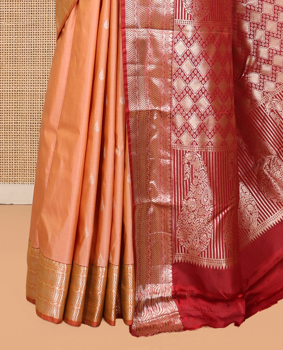 Orange Budget Silk Saree, Accentuated with Zari Buttas, Complemented by Contrast Traditional Zari Border, Pallu of Jaal and Paisleys, and Contrast Blouse