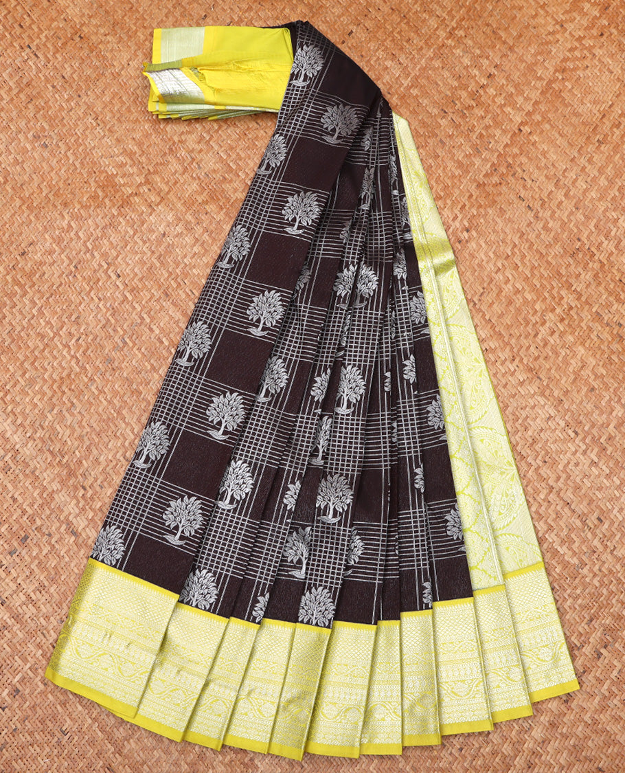 Brown Budget Silk Saree, Elevated with Zari Butta Enclosed Checks On Its Body, Complemented by Contrast Traditional Zari Designs, Grand Pallu, and Paired with a Contrast Blouse