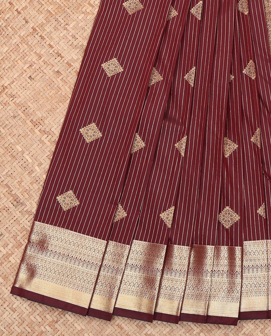 Maroon Budget Silk Saree, Gleamed Up with Diamond Buttas and Zari Stripes All Over Its Body, Highlighted by a Traditional Zari Design Border, Pallu of Jaal Design, and Paired with a Matching Blouse