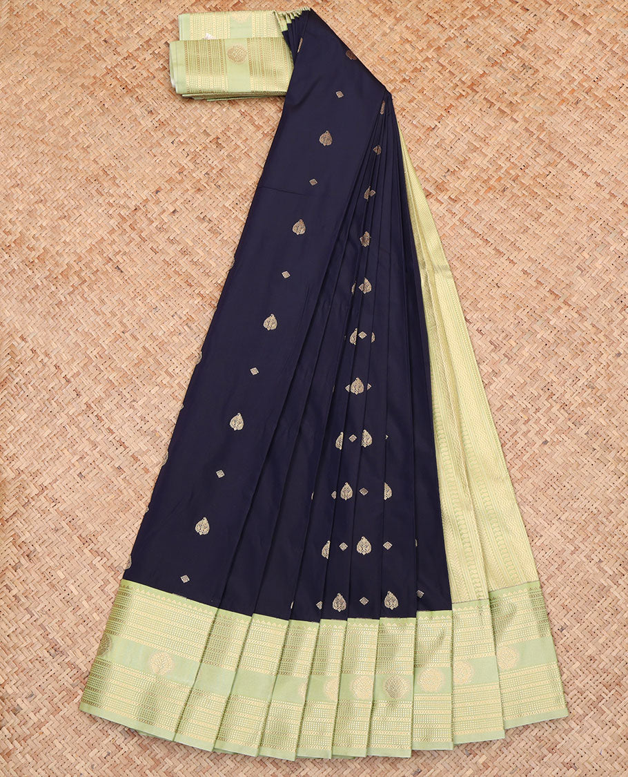 Blue Budget Silk Saree, Subtly Sparkled with Zari Buttas All Over Its Body, Complemented by a Contrast Traditional Zari Design Border, a Gleaming Pallu of Geometric Design, and Paired with a Contrast Blouse