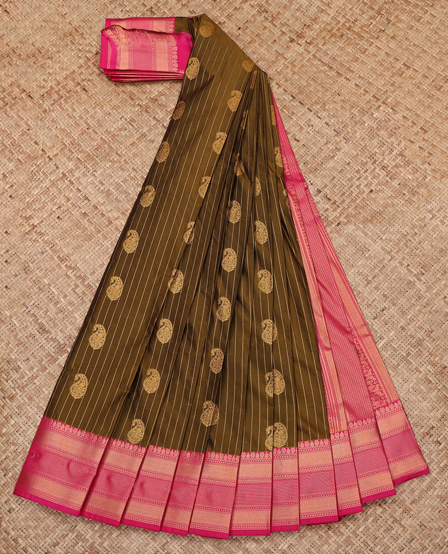 Green Budget Silk Saree, Highlighted with Paisley Buttas and Stripes All Over Its Body, Complemented by a Contrast Traditional Zari Border, Grand Pallu, and Paired with a Contrast Blouse