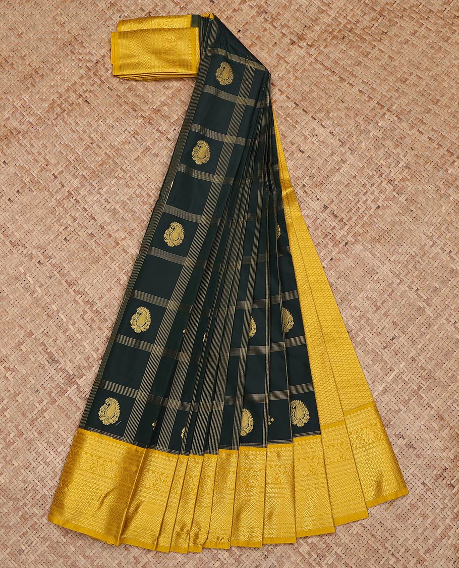 Green Budget Silk Saree, Featuring Zari Butta Enclosed Checks on Its Body, Complemented by a Contrast Traditional Zari Design Border, Sparsely Woven Pallu, and Paired with a Contrast Blouse