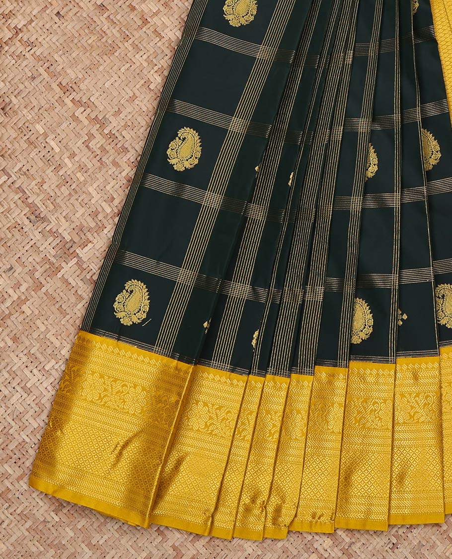 Green Budget Silk Saree, Featuring Zari Butta Enclosed Checks on Its Body, Complemented by a Contrast Traditional Zari Design Border, Sparsely Woven Pallu, and Paired with a Contrast Blouse