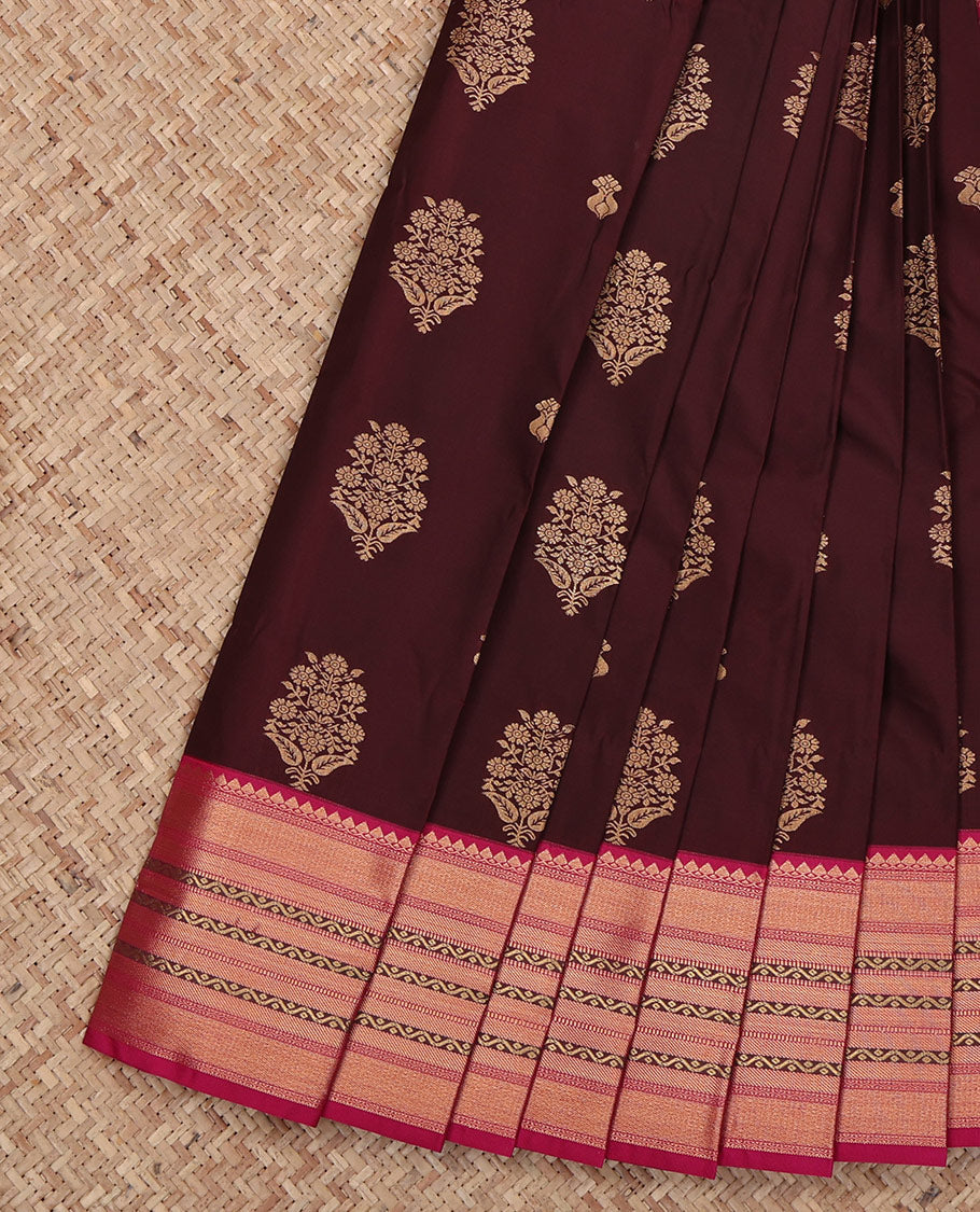 Brown Budget Silk Saree, Opulently Embellished with Zari Buttas All Over Its Body, Complemented by a Contrast Traditional Zari Design Border, Grand Pallu, and Paired with a Contrast Blouse