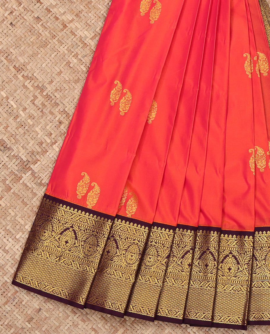 Orange Budget Silk Saree, Detailed with Zari Buttas on Its Body, Complemented by a Contrast Traditional Zari Design Border, Pallu of Jaal Designs, and Paired with a Contrast Blouse