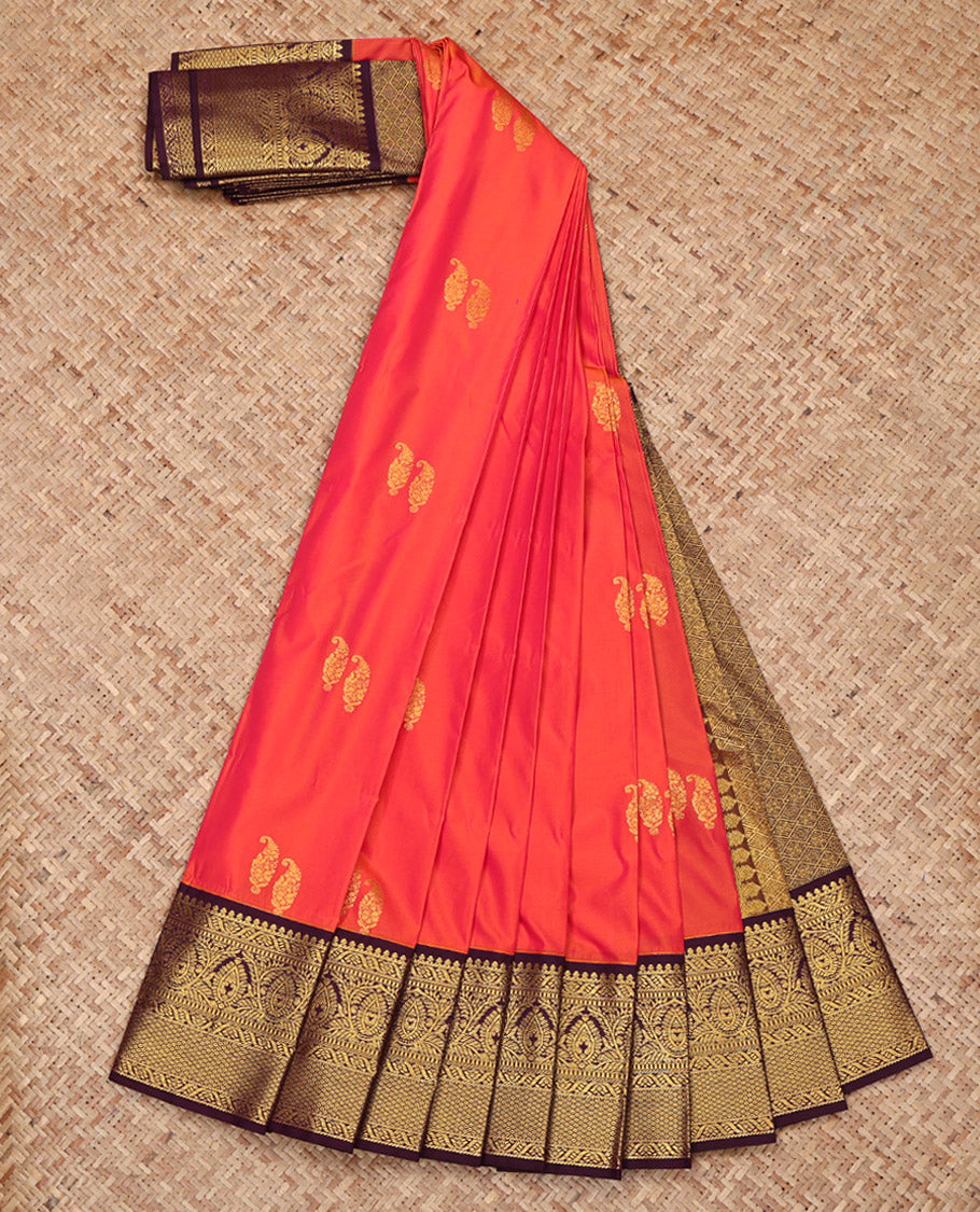 Orange Budget Silk Saree, Detailed with Zari Buttas on Its Body, Complemented by a Contrast Traditional Zari Design Border, Pallu of Jaal Designs, and Paired with a Contrast Blouse