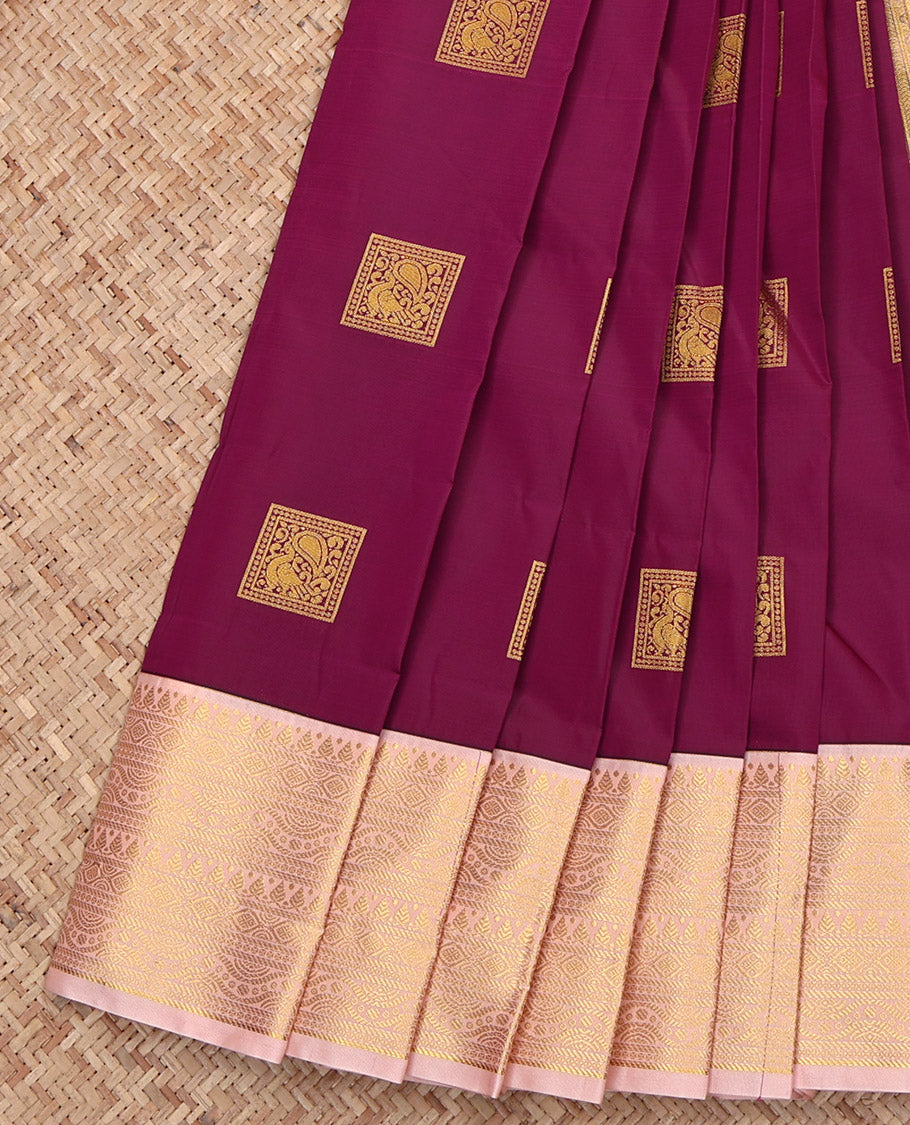 Wine Budget Silk Saree, Spotlighted with Zari Buttas, Complemented by a Contrast Traditional Zari Design Border, Grand Jaal Pallu, and a Contrast Blouse