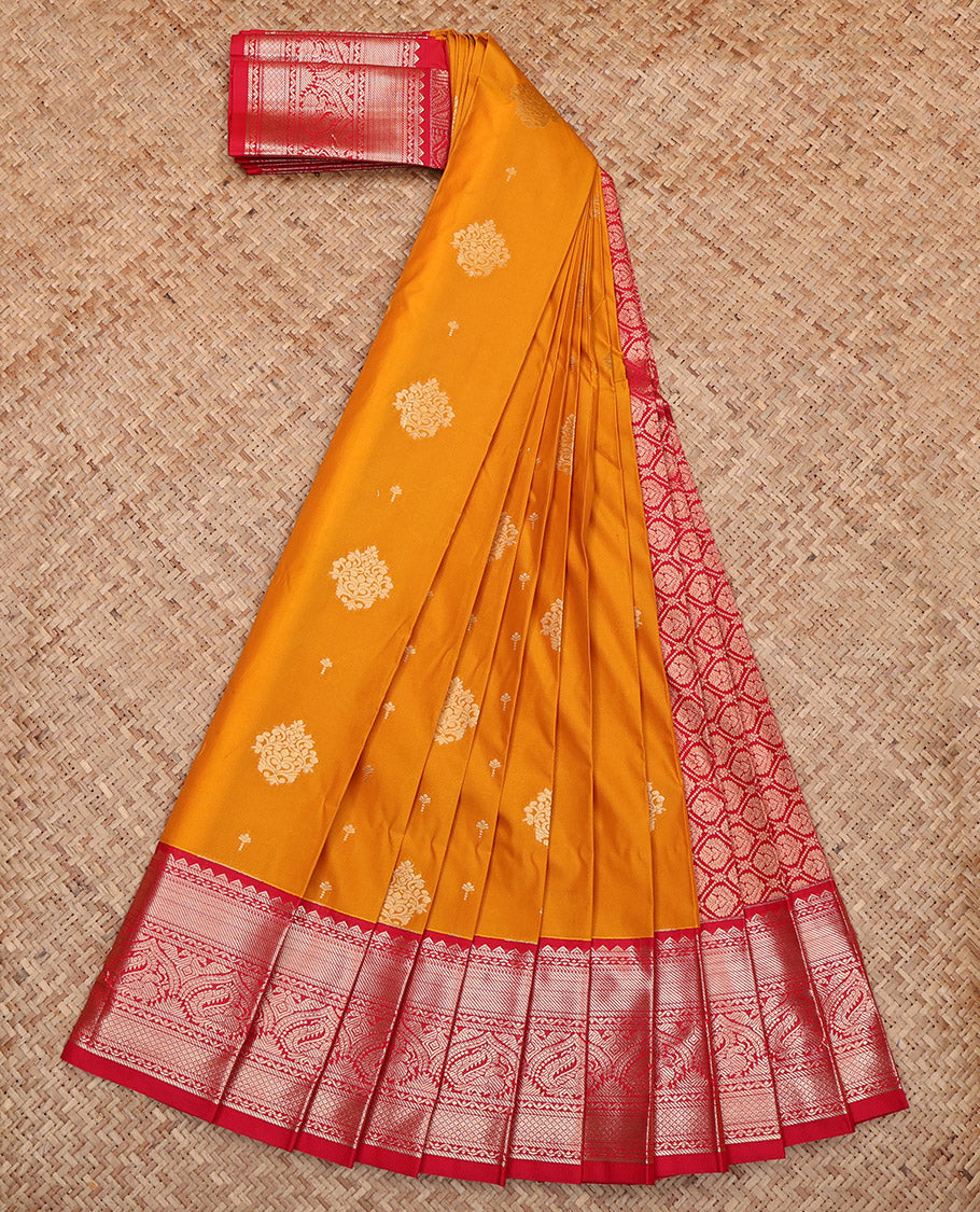 Orange Budget Silk Saree, Woven with Zari Buttas, Complemented by Contrast Traditional Border, Grand Pallu and a Contrast Blouse