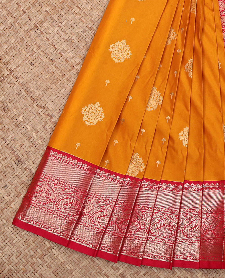 Orange Budget Silk Saree, Woven with Zari Buttas, Complemented by Contrast Traditional Border, Grand Pallu and a Contrast Blouse