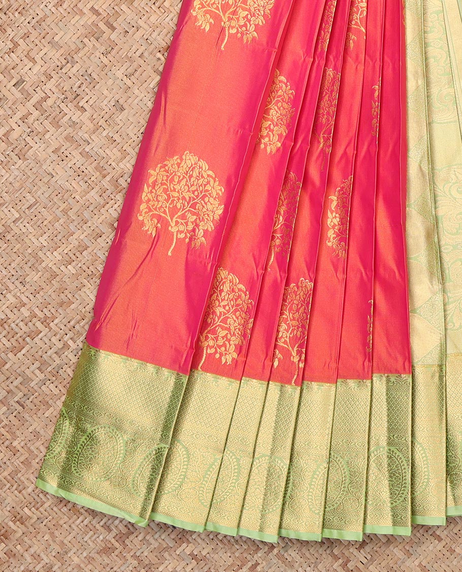 Orange Budget Silk Saree, Beautifully Decked Up with Tree Motifs, Complemented by Contrast Traditional Zari Border, Grand Pallu and Contrast Blouse