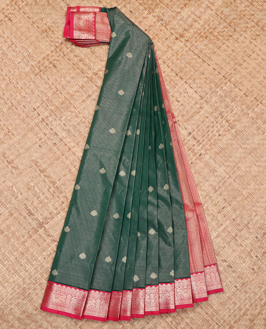 Green Budget Silk Saree, Bedecked with Zari Buttas, Complemented by a Contrast Traditional Zari Border, Geometric Pallu, and a Contrast Blouse