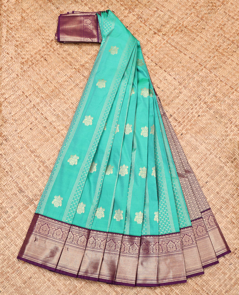 Blue Budget Silk Saree, Majestically Detailed with Zari Buttas and Stripes, Complemented by a Contrast Traditional Border, Grand Pallu, and Contrast Blouse