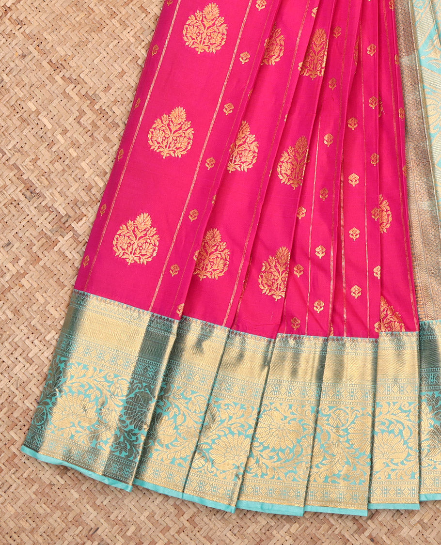 Pink Budget Silk Saree, Prettified with Zari Buttas and Stripes, Complemented by a Contrast Traditional Border, Grand Pallu, and a Contrast Blouse