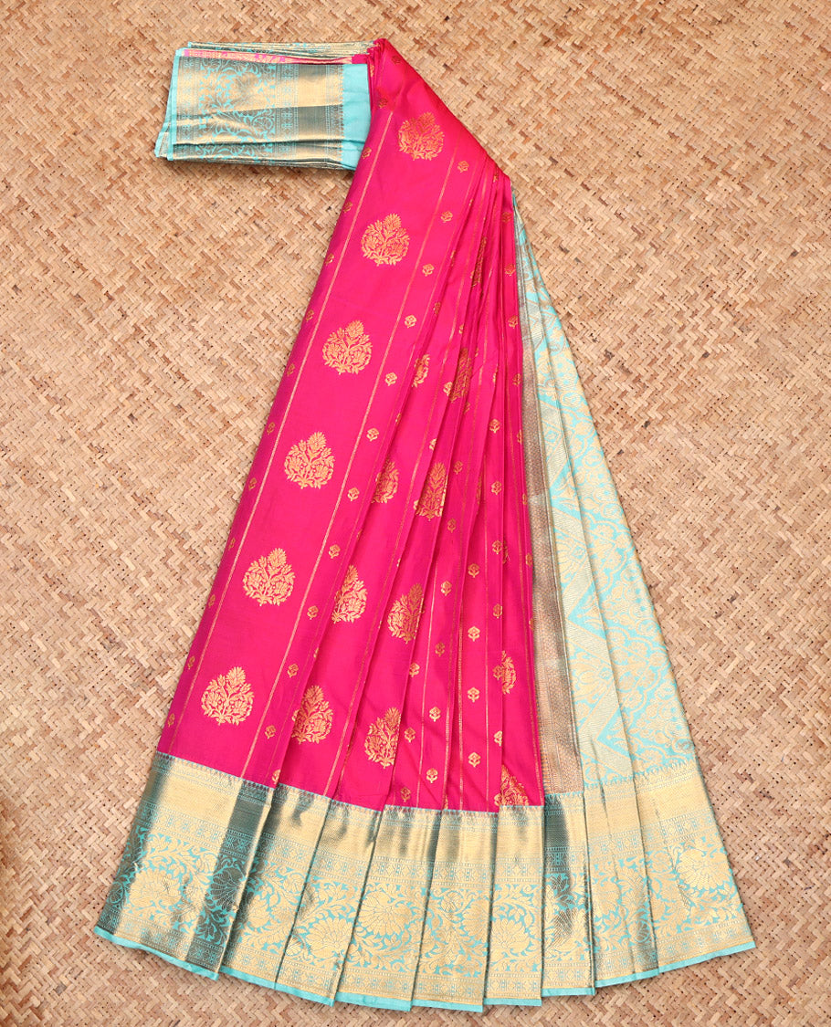 Pink Budget Silk Saree, Prettified with Zari Buttas and Stripes, Complemented by a Contrast Traditional Border, Grand Pallu, and a Contrast Blouse