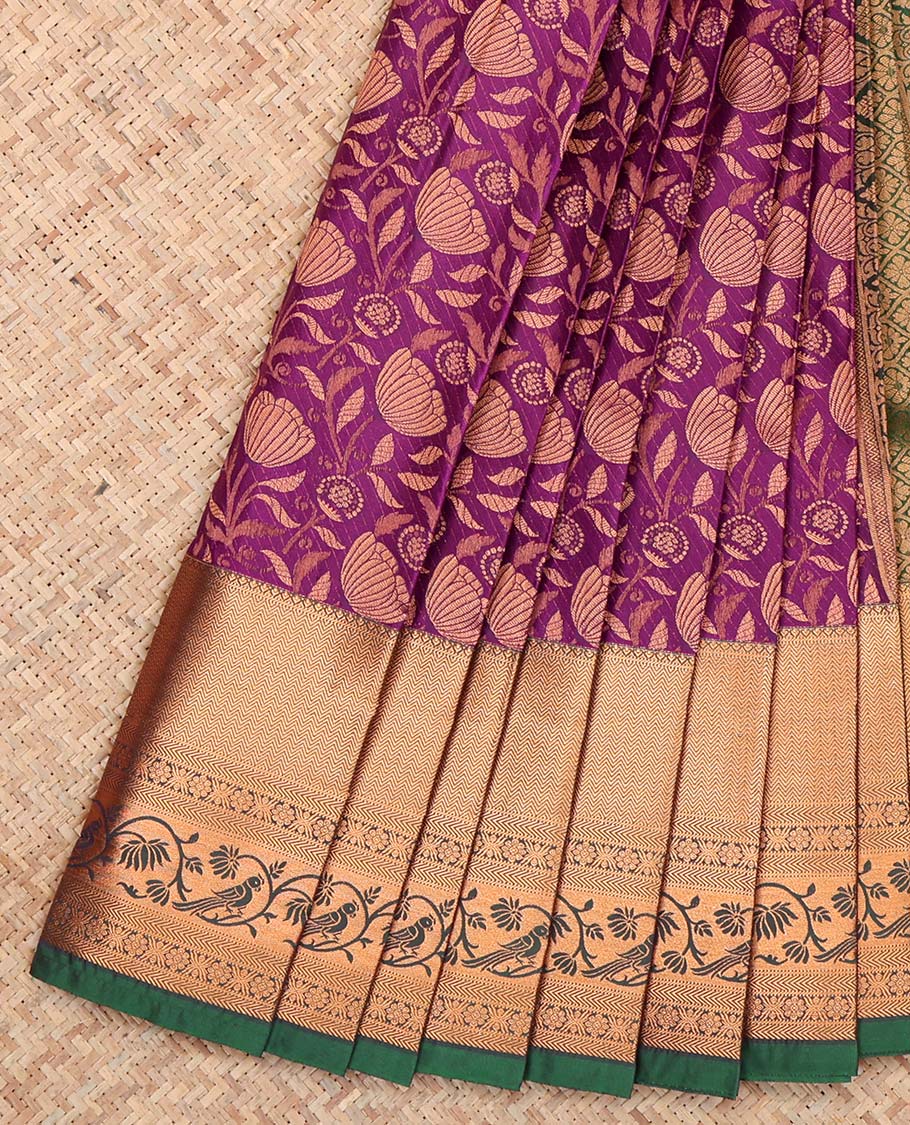 Purple Budget Silk Saree, Elevated with Floral Jacquard Design, Complemented by Contrast Traditional Zari Border, a Jaal Pallu and a Contrast Blouse