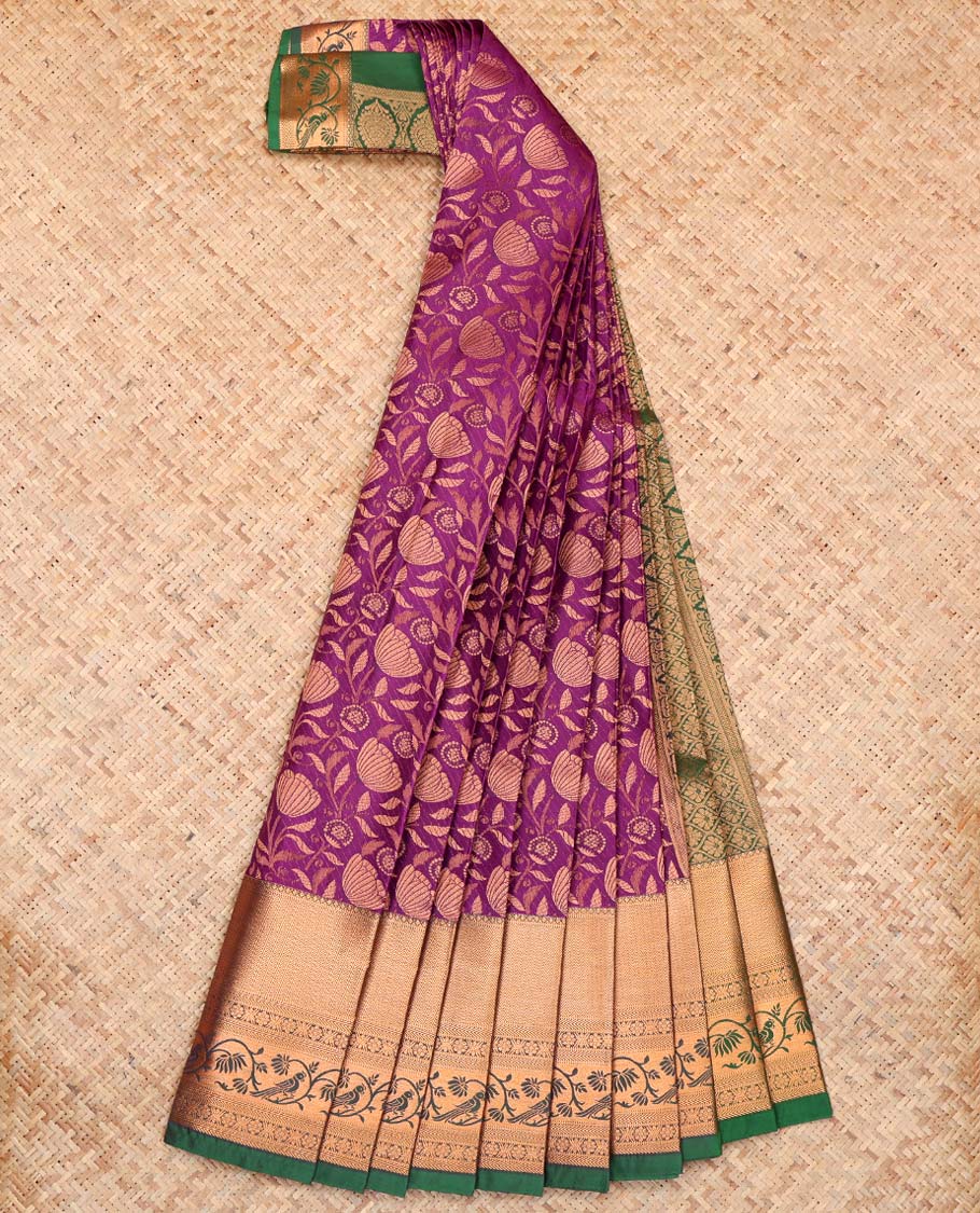 Purple Budget Silk Saree, Elevated with Floral Jacquard Design, Complemented by Contrast Traditional Zari Border, a Jaal Pallu and a Contrast Blouse