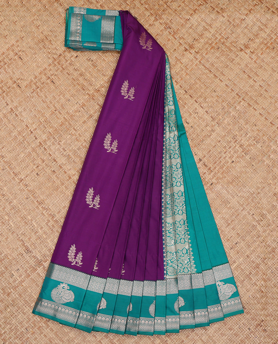 Purple Budget Silk Saree, Decked Up with Zari Buttas, Complemented by a Contrast Traditional Zari Border, Grand Pallu, and a Contrast Blouse