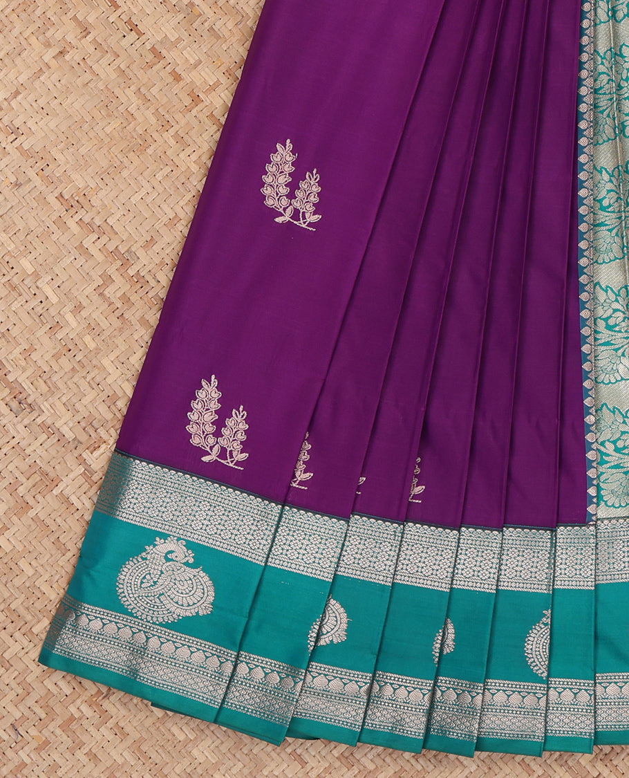 Purple Budget Silk Saree, Decked Up with Zari Buttas, Complemented by a Contrast Traditional Zari Border, Grand Pallu, and a Contrast Blouse
